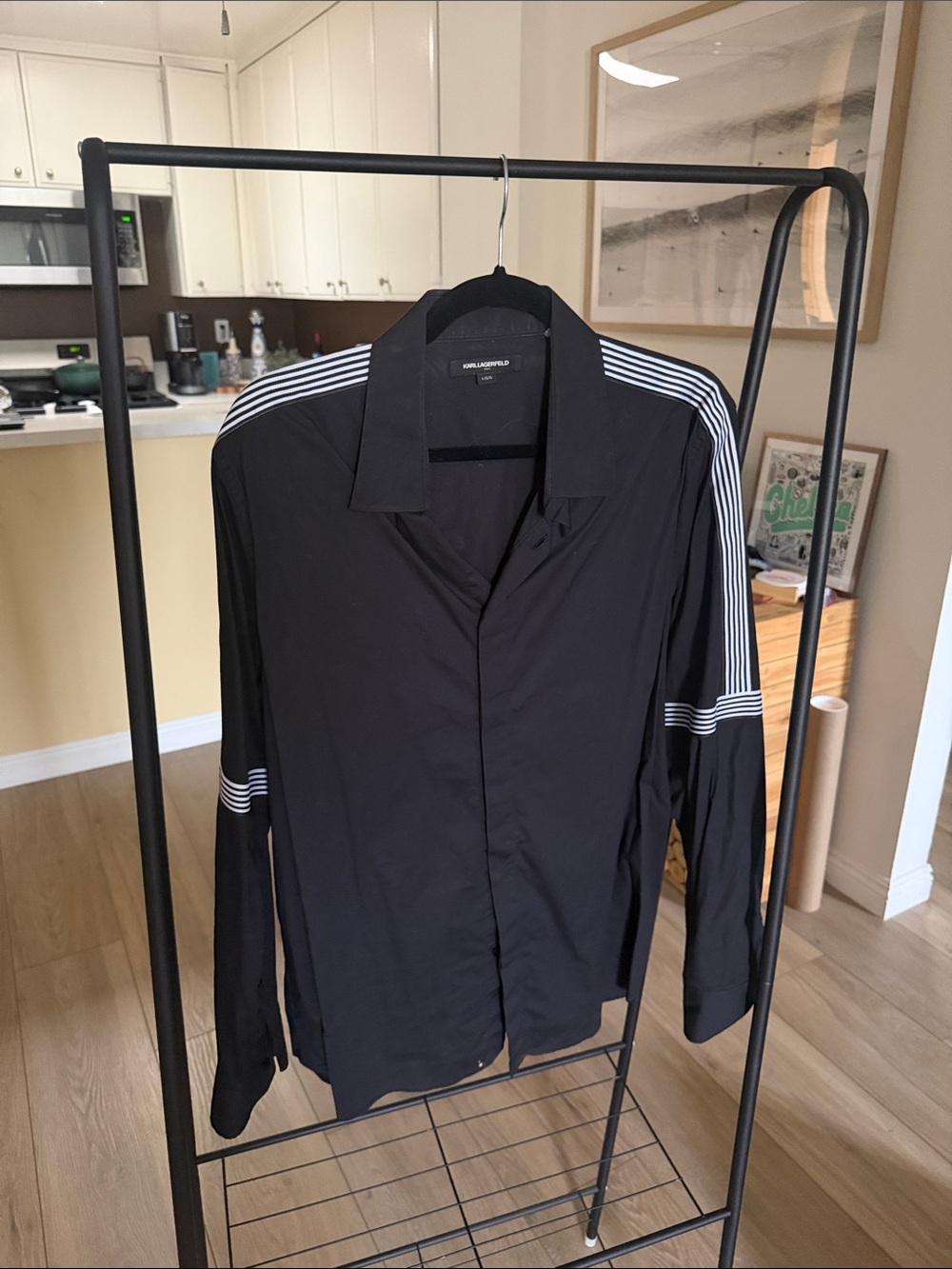 Karl Lagerfeld Paris Black Stripe Sleeve Button Down Shirt Large